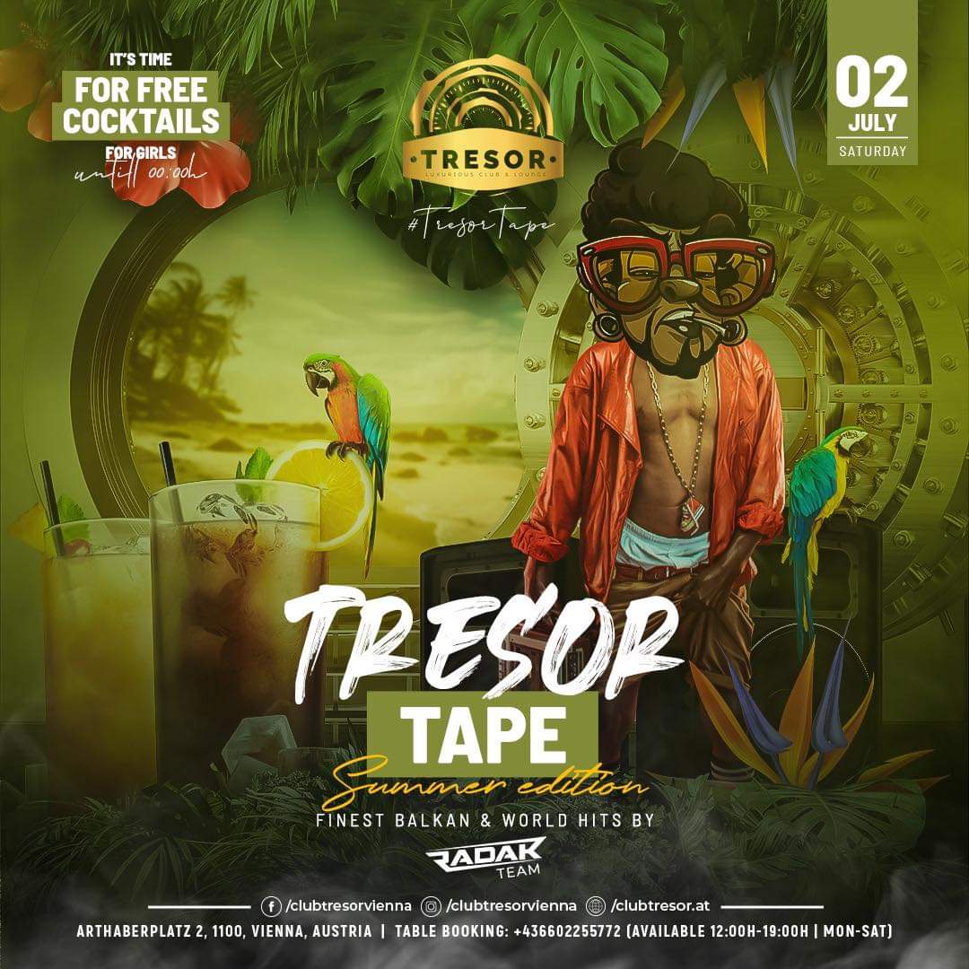 SUBOTA 02.07. / TRESOR TAPE  DJ RADAK #team 🍹 FREE COCKTAILS  ☎ Sve informacije i rezervacije na ‭06602255772‬ ! #clubtresor #lovetresor